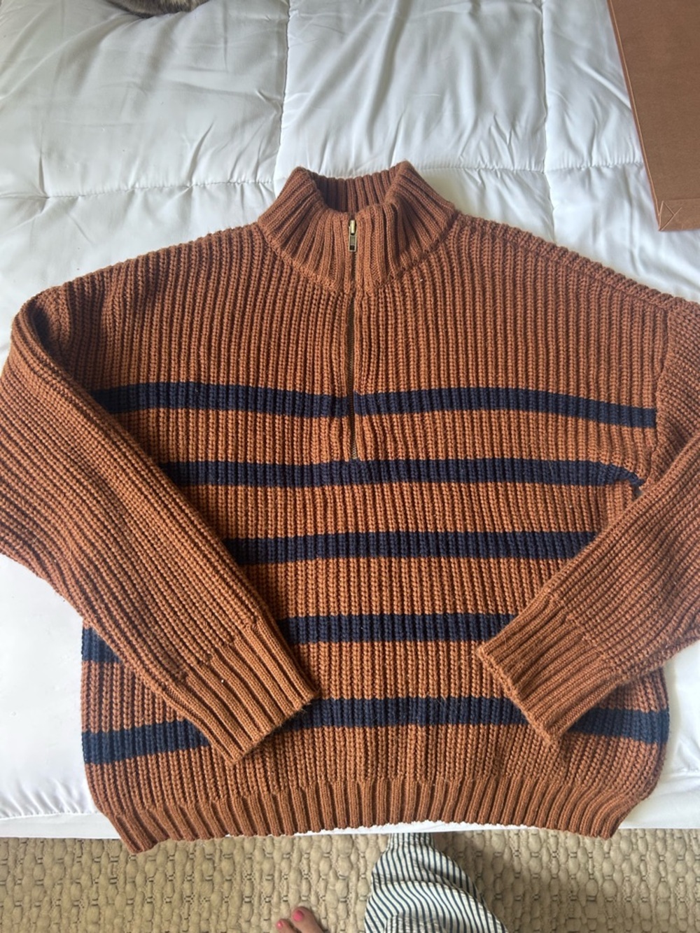 SANCTUARY Half-Zip Ribbed Sweater in camel with Navy Stripes